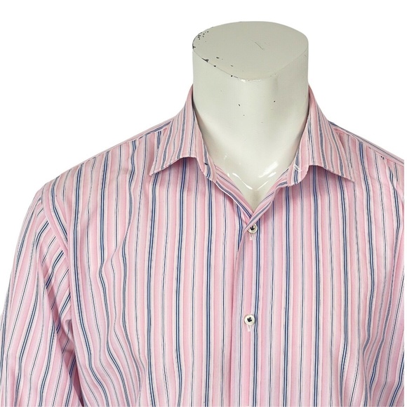 Gianni Orvietto Super Fine Cotton Italy Pink Blue Striped Dress Shirt Mens 17-36 - Picture 6 of 10